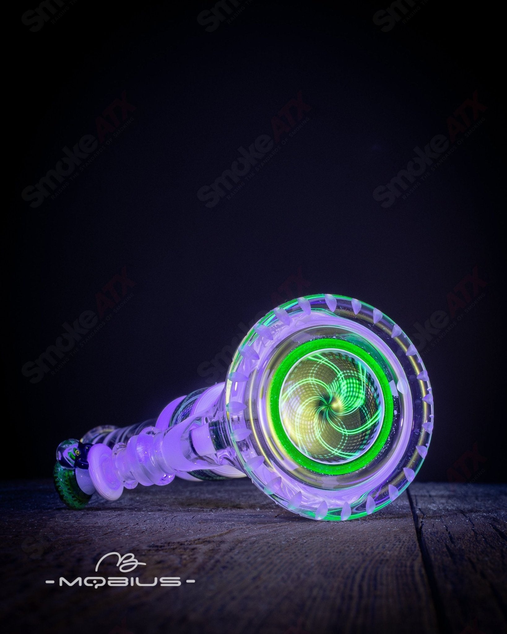 Mobius GRB 16 Circle Solo signed glass beaker with #11 of 2024 inscription, clear glass with printed design.