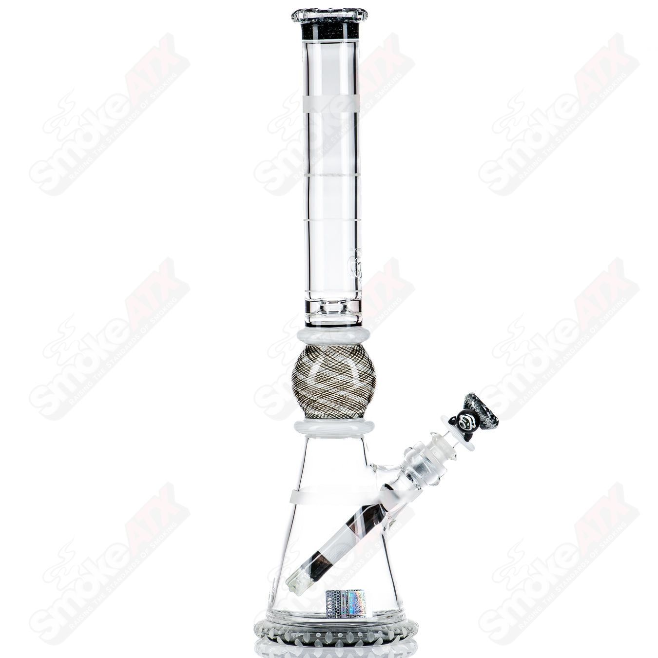 Mobius GRB 16 Circle Solo signed glass beaker, numbered 11 of 2024, featuring intricate design and clear glass construction.