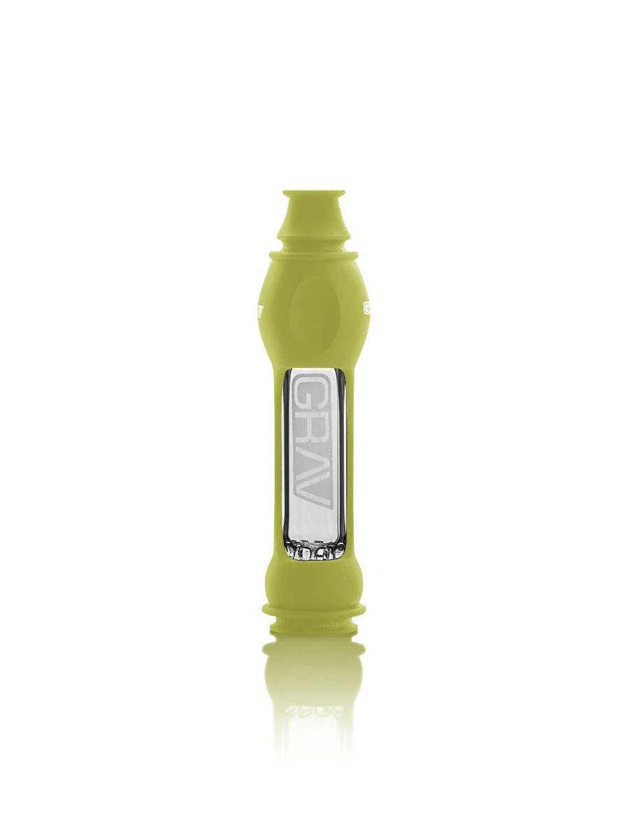 Green 16mm Grav Octo-Taster glass chillum with silicone sleeve for easy grip and durability.