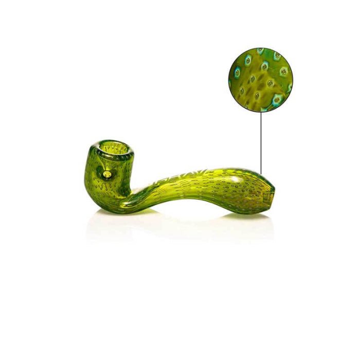 Green Bubble Trap Mini Sherlock glass pipe by Grav, featuring a compact design with bubble accents and a Sherlock-style mouthpiece.