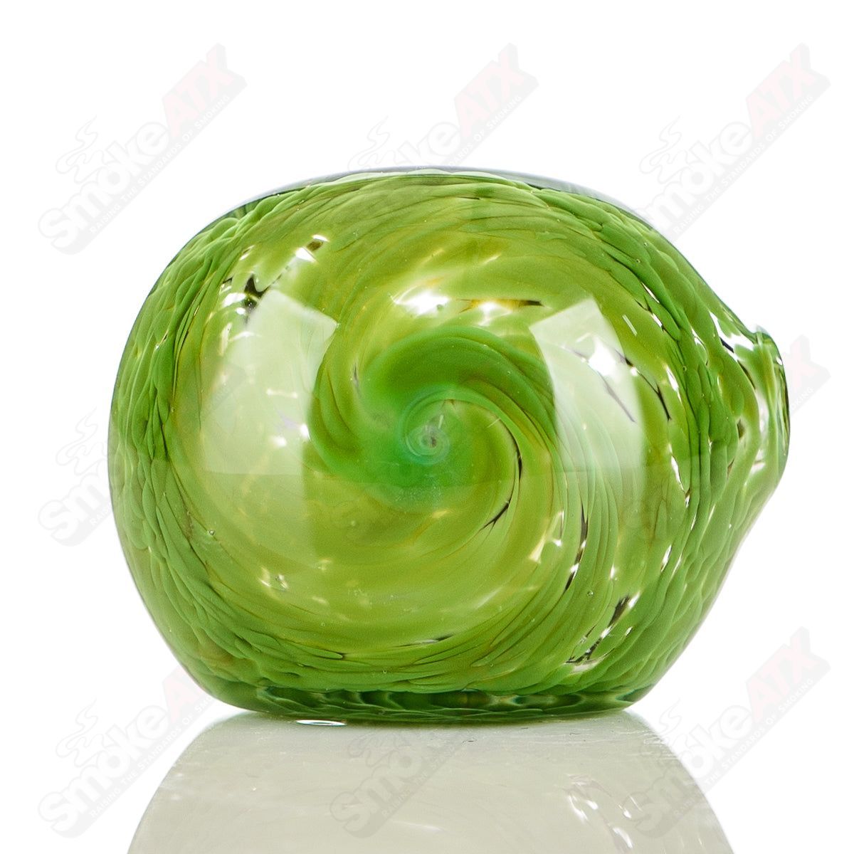 Green Frit Spoon Pipe by JMK Glass featuring vibrant green glass with signed detail and intricate frit decoration.