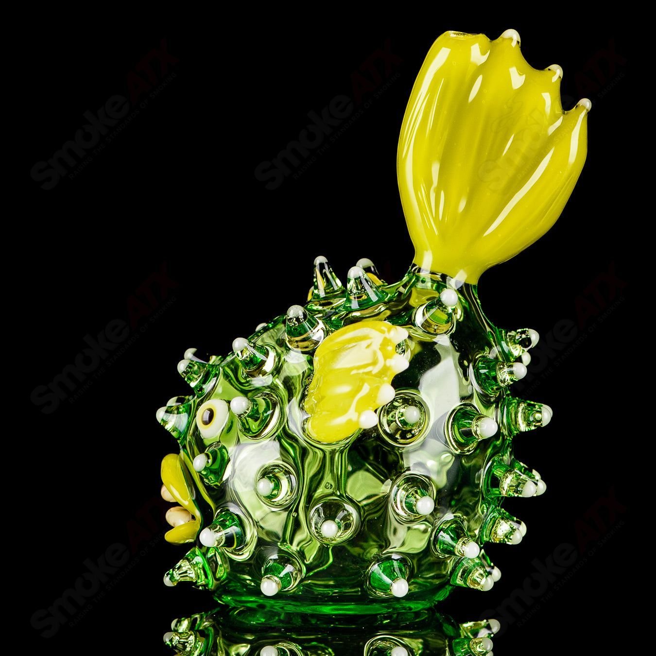 Green Puffer Rig by Chadd Lacy Glass with glow accents, heady glass concentrate rig for dabbing and vaporizing.