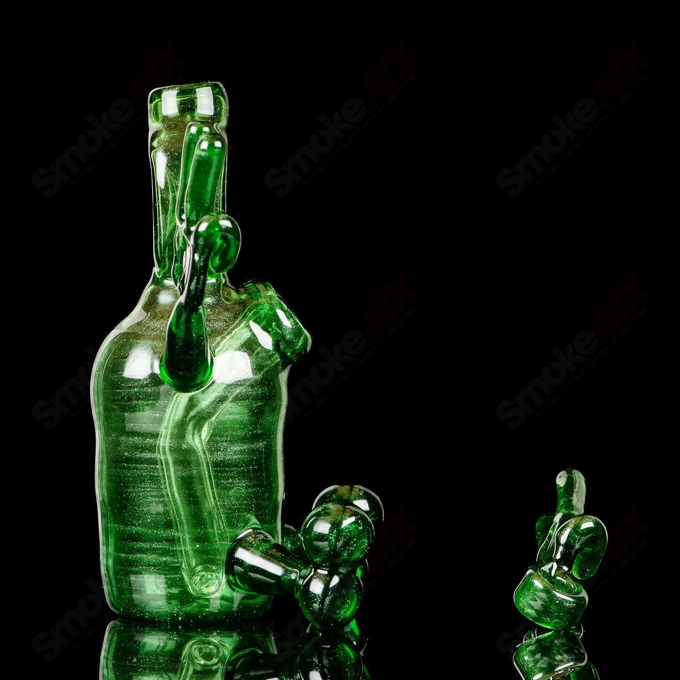 Green MJ Meltz Sitter Tube concentrate rig with pendant in heady glass, featuring a vibrant green design and intricate details.