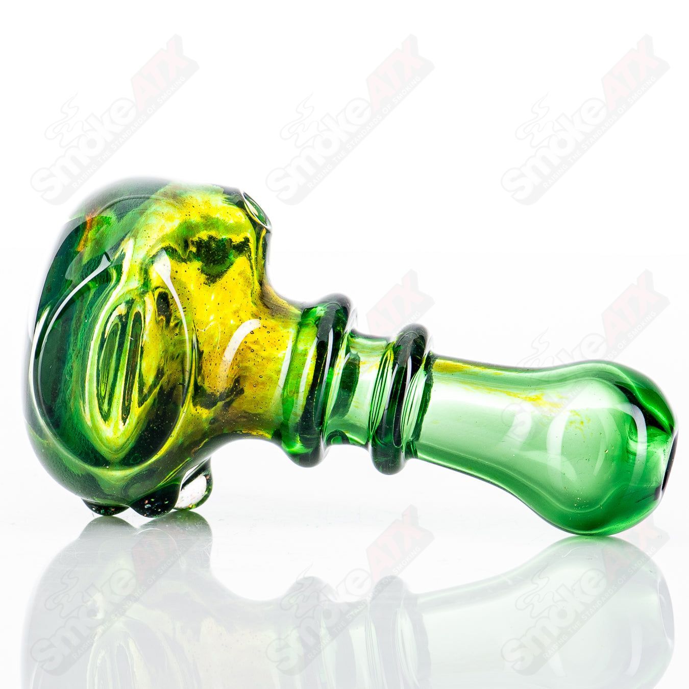 Green spoon hand pipe with crushed opal accents by JMass, part of the Tyme x JMass heady glass collection.