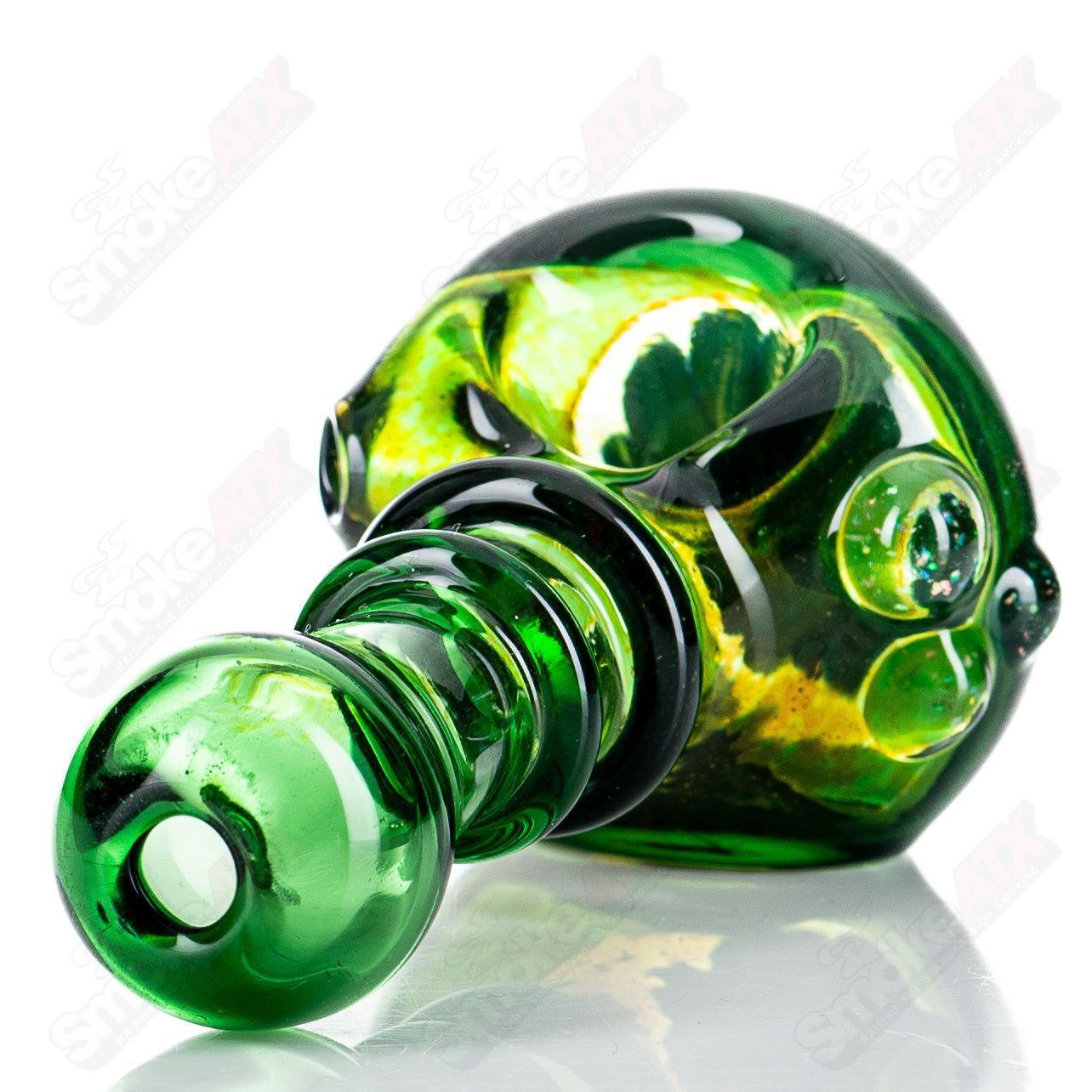 Green spoon hand pipe with crushed opal accents by JMass, part of the Tyme x JMass Heady Glass collection.