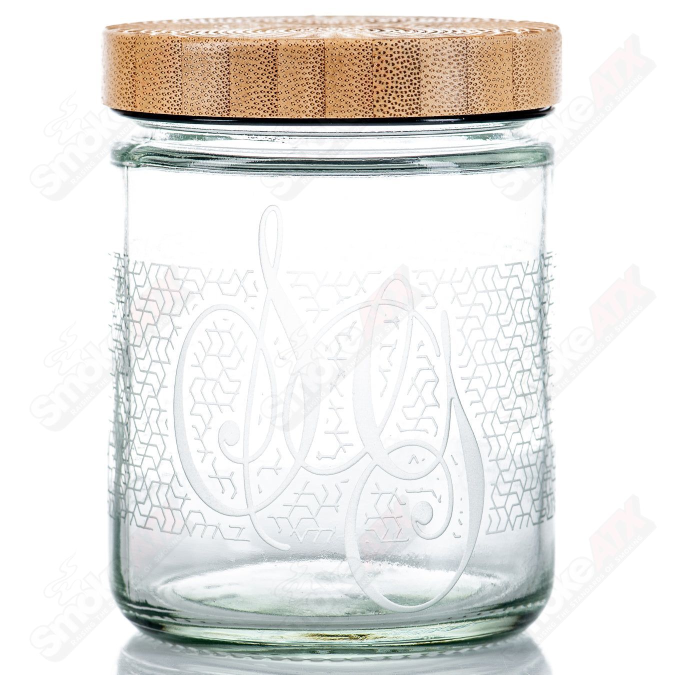 Sovereignty Glass Hex Connect Pattern Nug Jar with bamboo lid, clear glass container for storing small items or herbs.