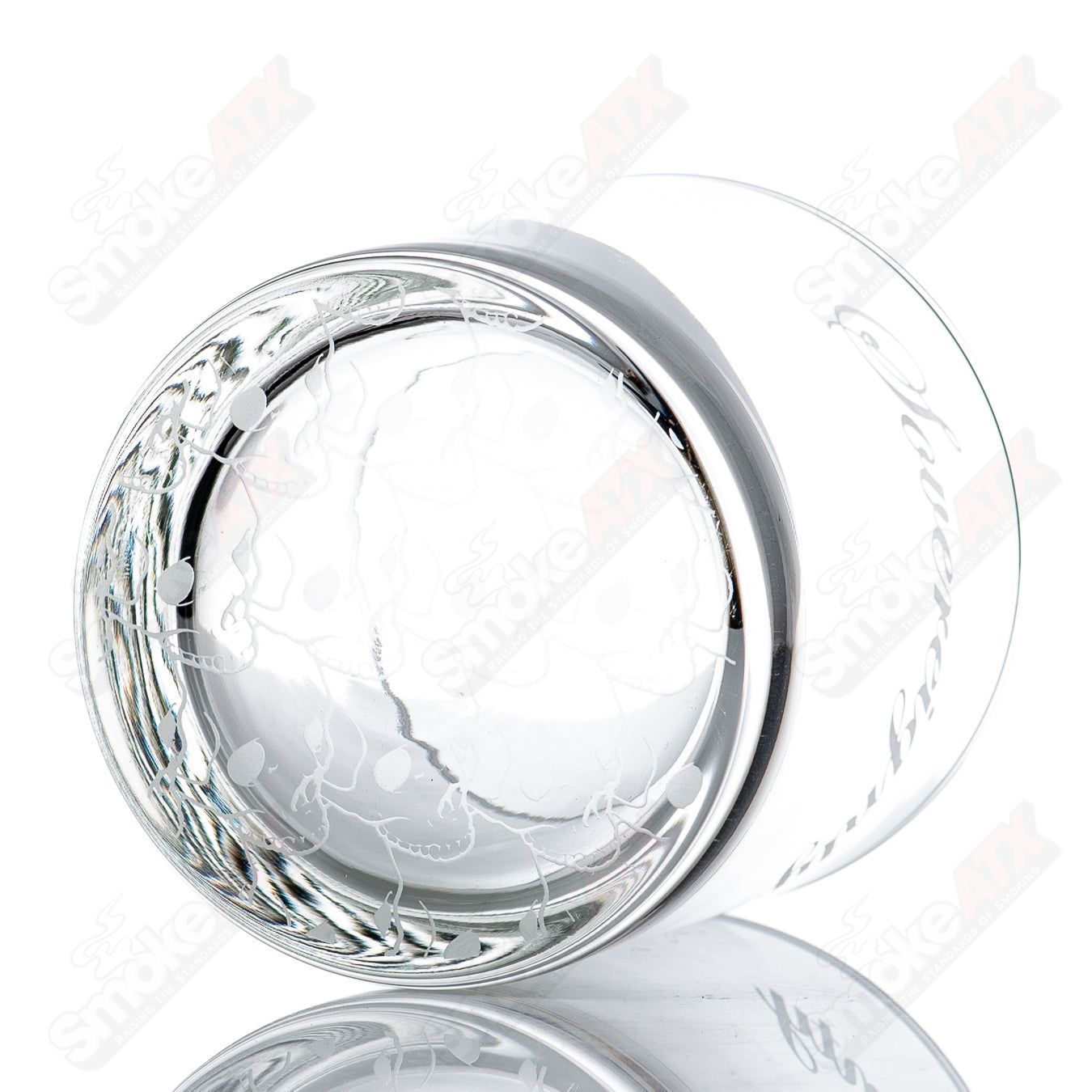 Heady glass hi-ball cup with Bloodshed Skull pattern in Sovereignty brand featuring detailed skull artwork on clear glass