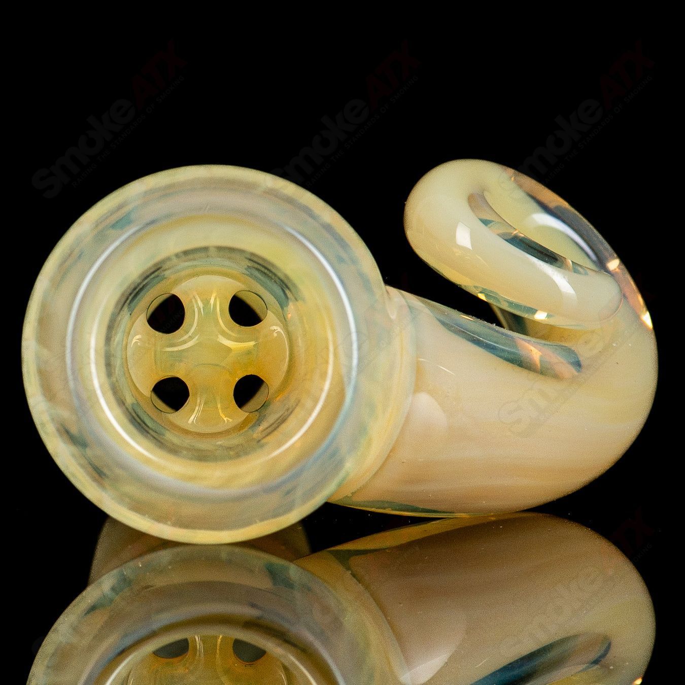Black T Glass Honeycomb 18mm fully worked slide for heady glass bowls, featuring intricate honeycomb design and vibrant colors.