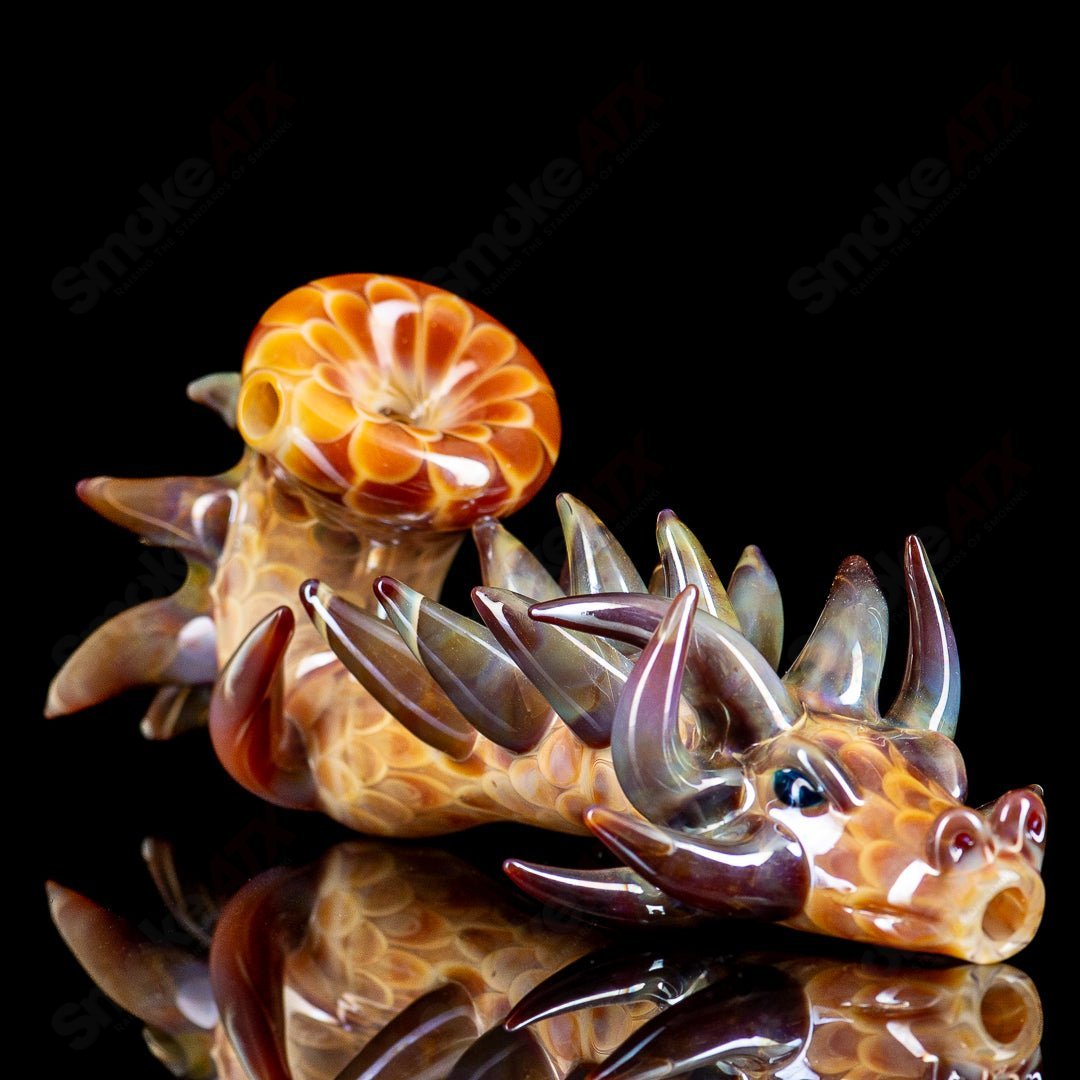 Focused Fire Dragon Sherlock glass pipe with intricate dragon design, featuring a classic Sherlock style for smoking enjoyment.