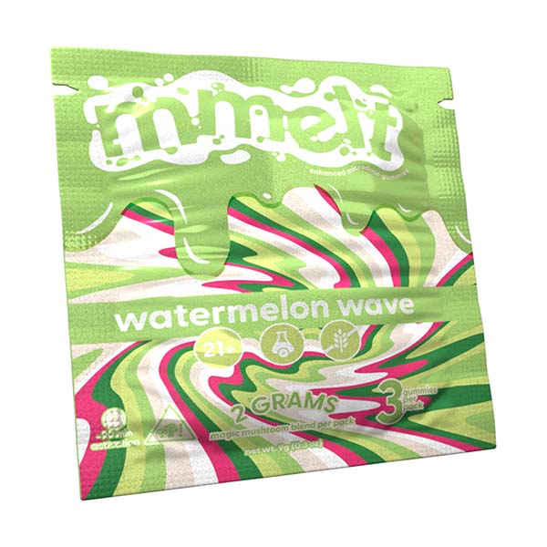 3-count watermelon-flavored mushroom edibles gummies by MMelt, featuring vibrant watermelon wave mushroom shapes.