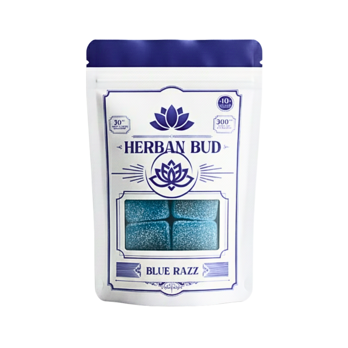 Ten blue raspberry flavored hemp D9 THC gummies from Herban Bud, arranged on a white surface.