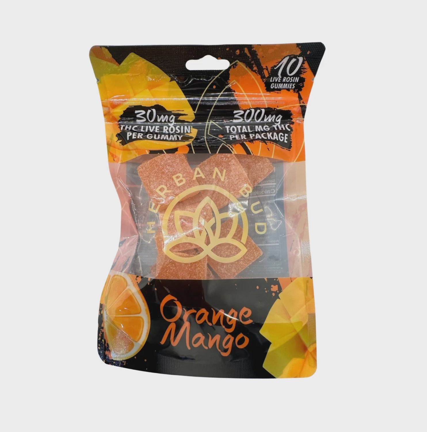 10-pack of Orange Mango D9 hemp edibles gummies by Herban Bud, featuring bright orange and mango flavor with colorful packaging.