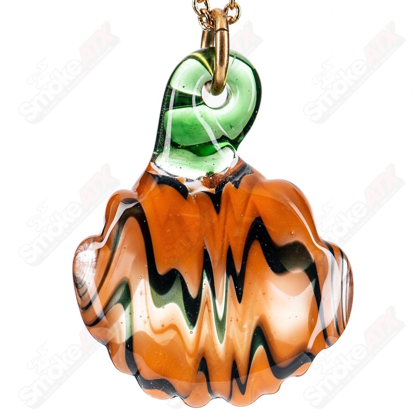 Colorful glass Jackolantern pendant necklace from Indo Glass, featuring a detailed carved pumpkin design.