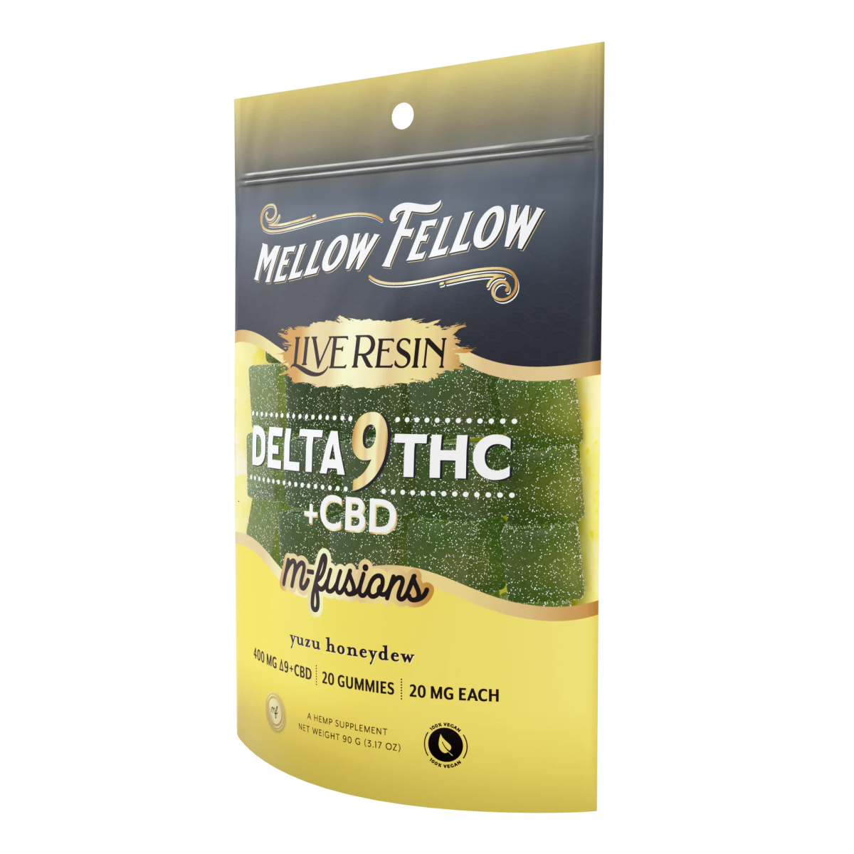 400mg Yuzu Honeydew D9+CBD hemp edibles gummies by Mellow Fellow, showing a container of M-Fusions gummies with fruit flavor images.