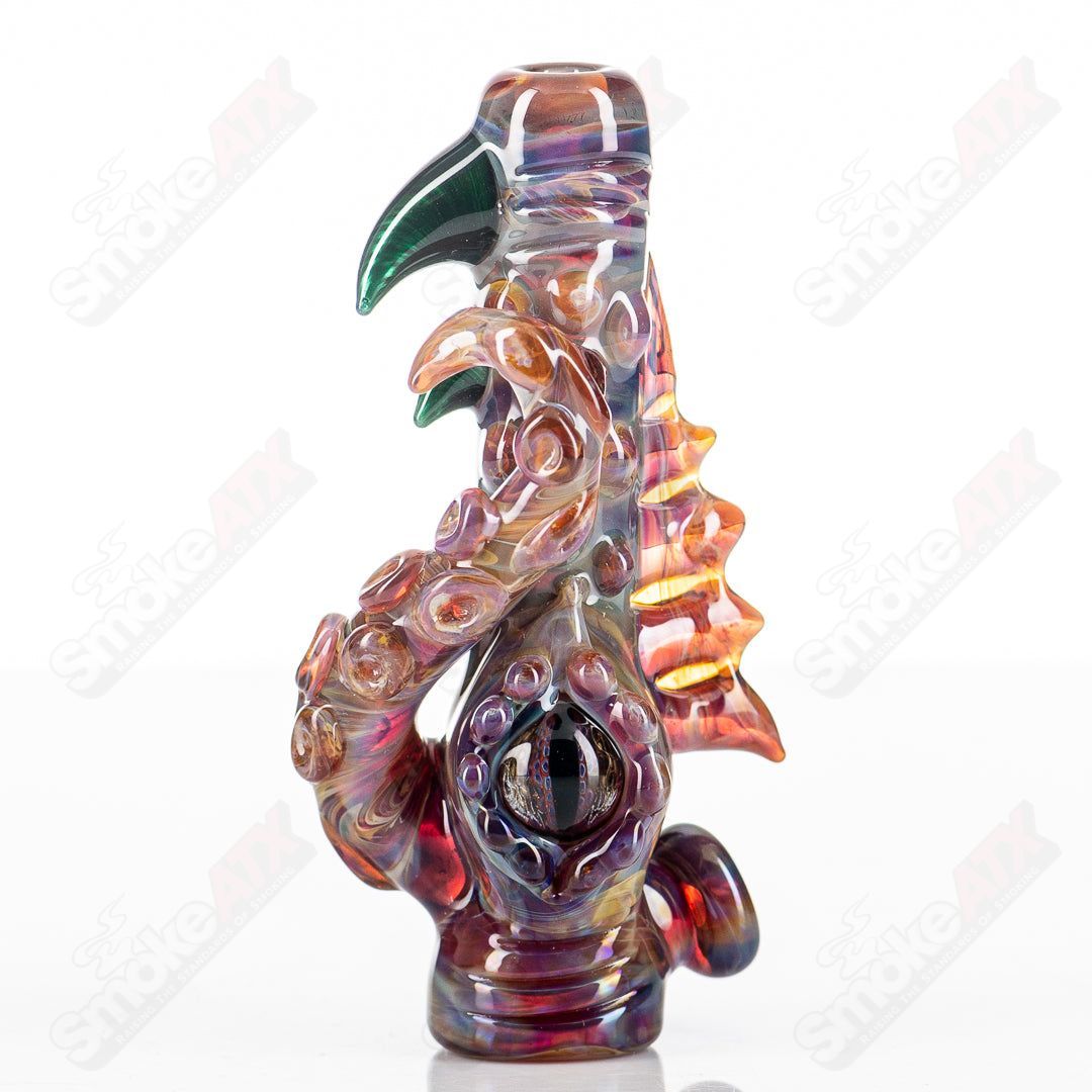 Mako Glass #2 Octopus Chillum, clear glass smoking pipe with octopus design, small hand-held chillum for smoking.