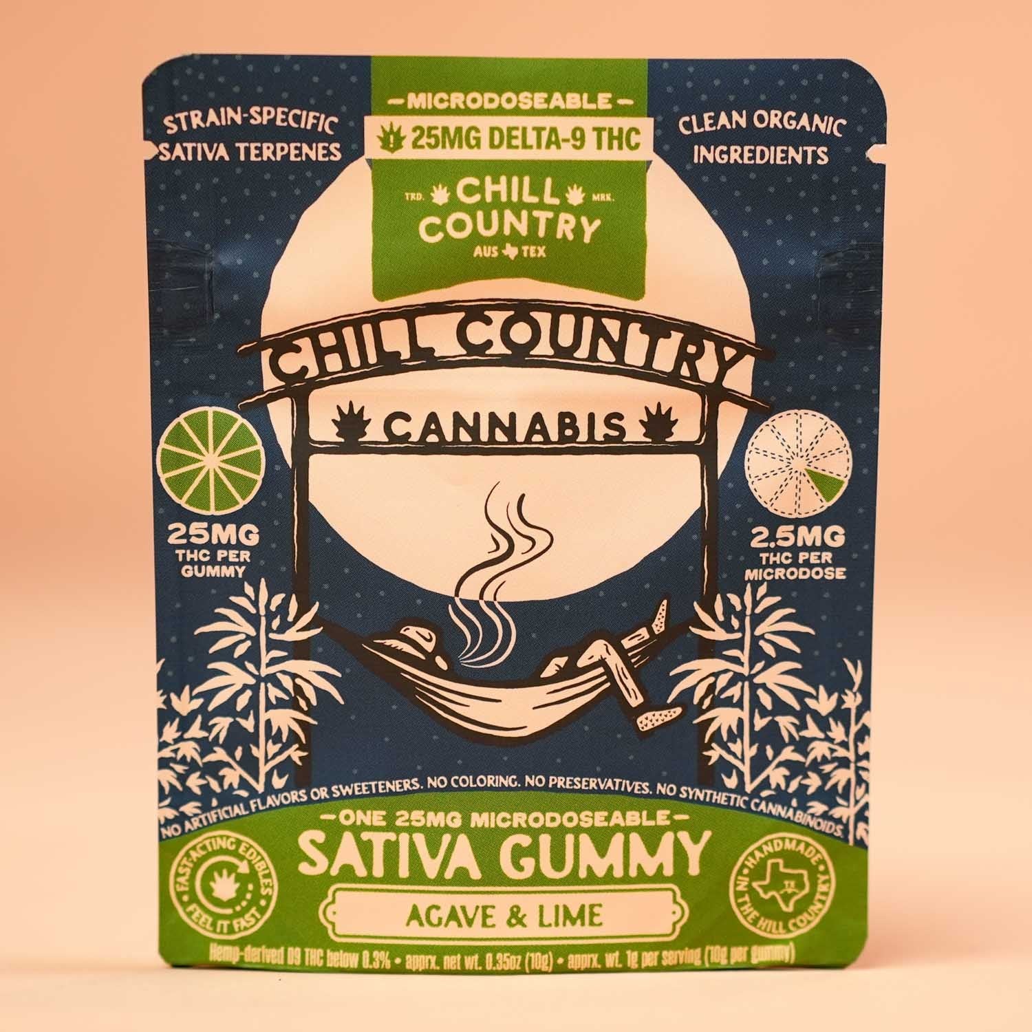 Agave & Lime 25mg Sativa Gummies by Chill Country in a colorful package with vibrant fruit imagery.