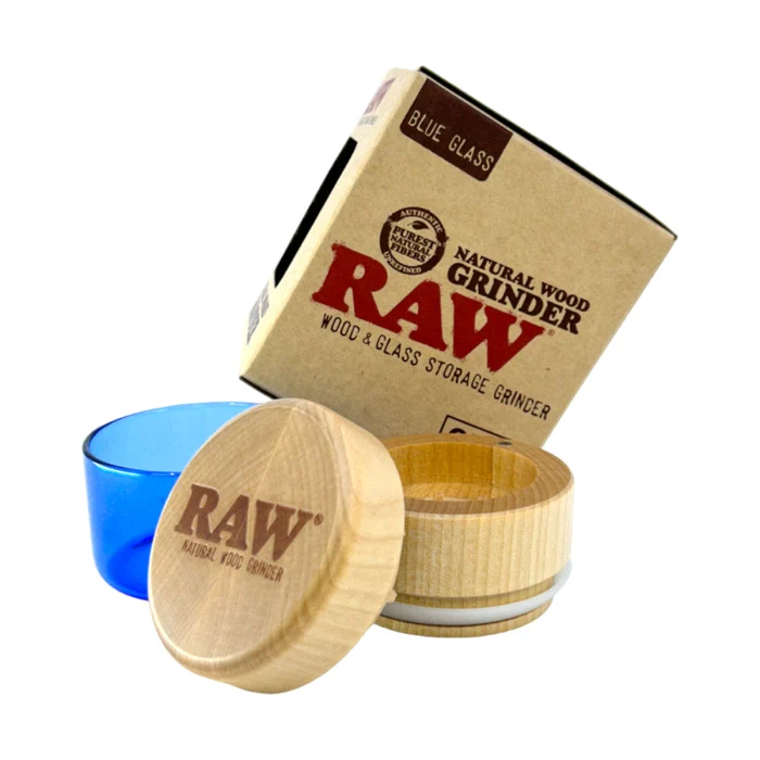Blue Glass 3pc Wood and Glass Storage Grinder RAW Natural Wood Grinder 65mm Fine Grind - Smoke ATX 