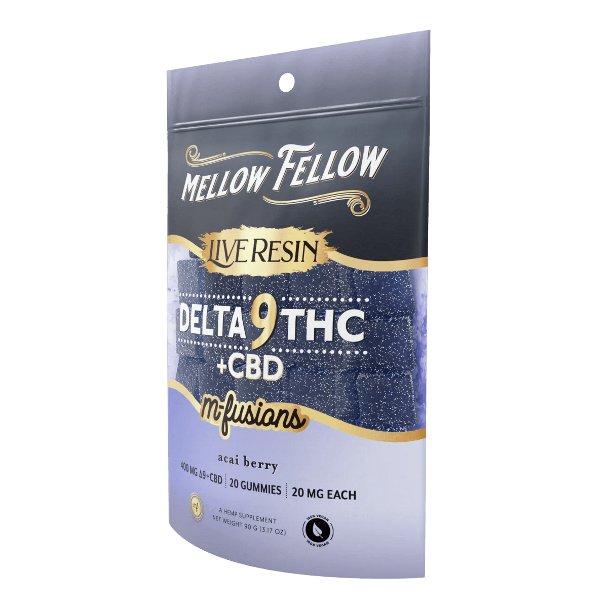 Mellow Fellow Acai Berry D9+CBD hemp edibles gummies, 400mg, 20 count, with colorful berry-shaped gummies on a white background