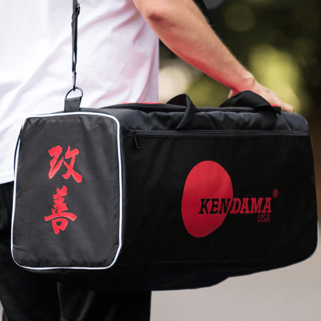 Kendama USA duffel bag for travel and storage, featuring the brand logo and durable fabric in a lifestyle setting.