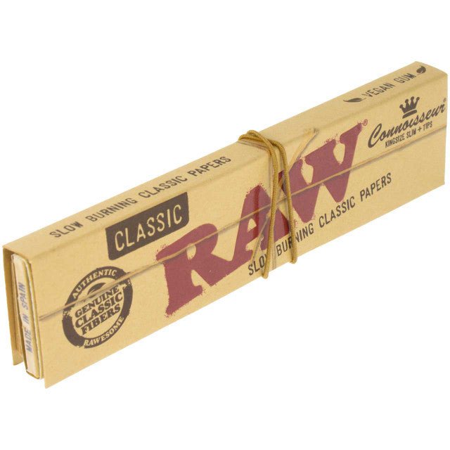 King Size RAW Connoisseur Classic Slim rolling papers with tips, designed for smooth, enjoyable hand-rolled cigarettes.