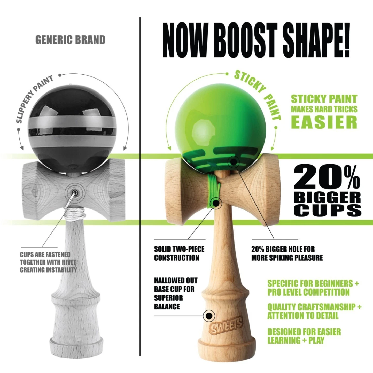 Green Prime Radar Sweets Kendama featuring a sleek wooden handle and vibrant green ball, perfect for skill tricks and play.