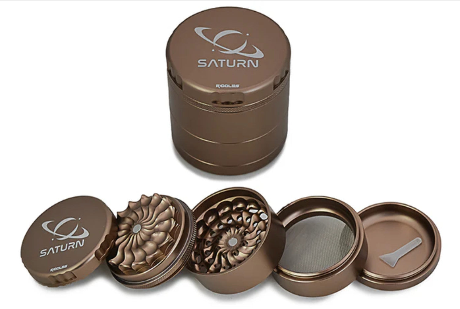 Riddles 63mm 5-piece Saturn Grinder Mill for 420 products, showing a metal grinder with multiple chambers and a textured exterior.