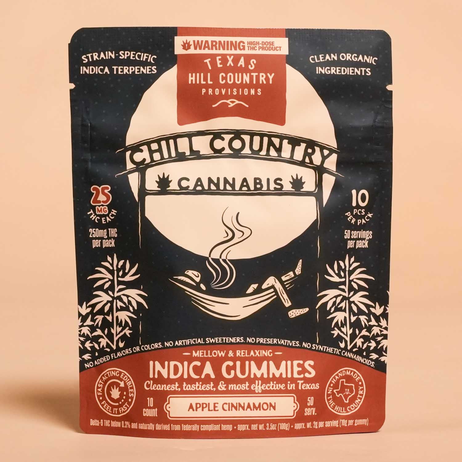 Apple Cinnamon THC hemp edibles, Chill Country Indica gummies, 25mg per piece, natural fruit flavor, relaxing effect