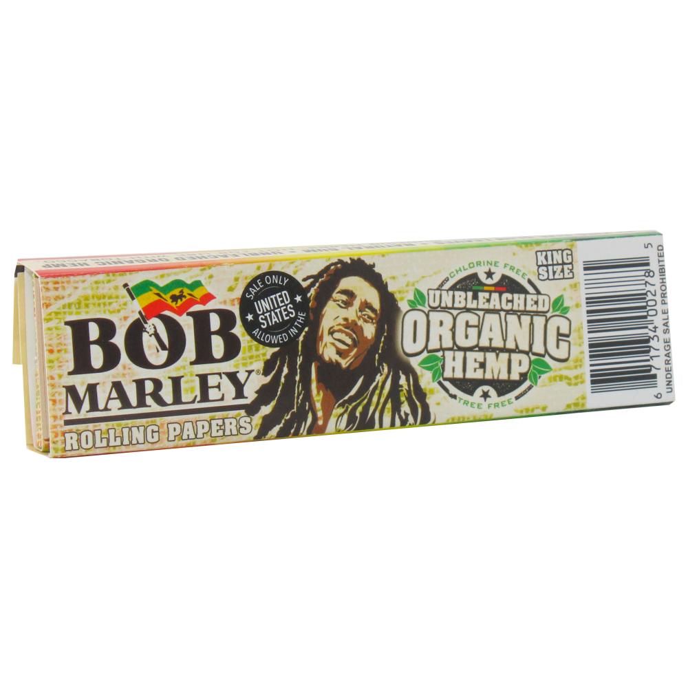 King size Bob Marley organic hemp rolling papers with tips, featuring colorful reggae-inspired design and natural hemp material.