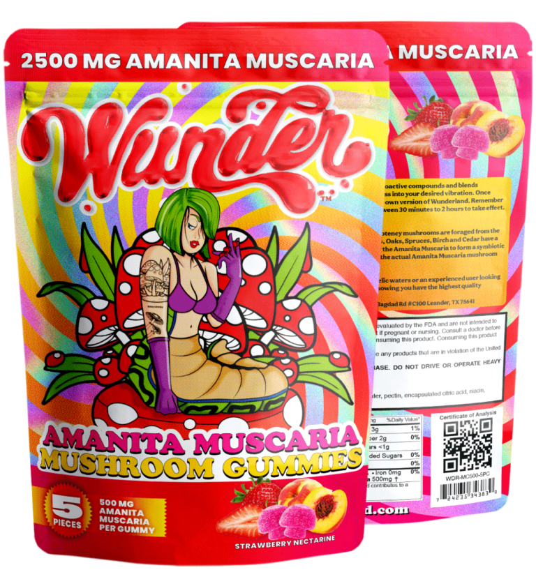 Wunder 2500mg Amanita Muscaria strawberry nectarine gummies hemp edibles, five-piece package with colorful fruit shapes.