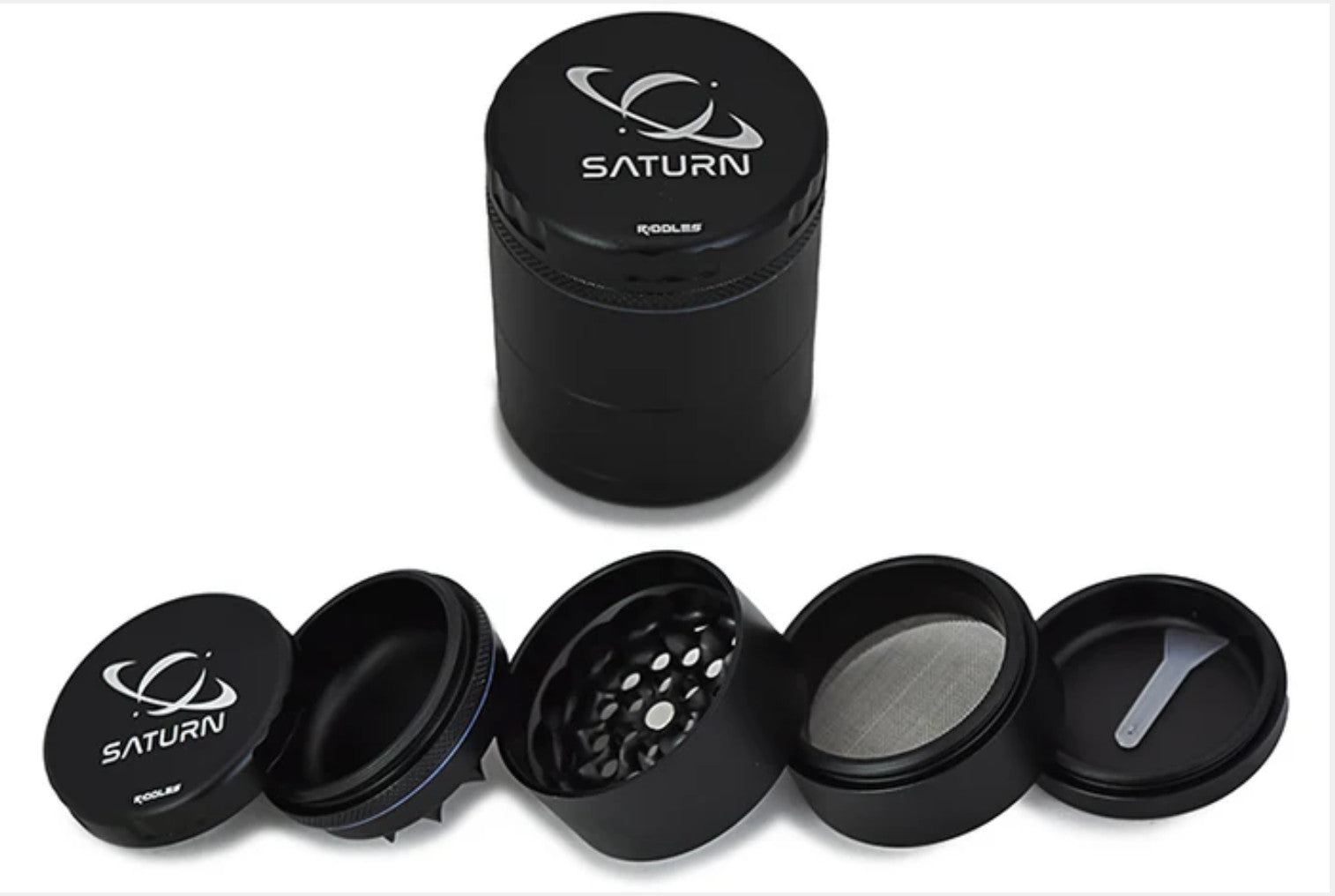 Riddles 50mm Saturn Grinder Mill with 5-piece set, durable 420 grinder mill for cannabis and herbal grinding.