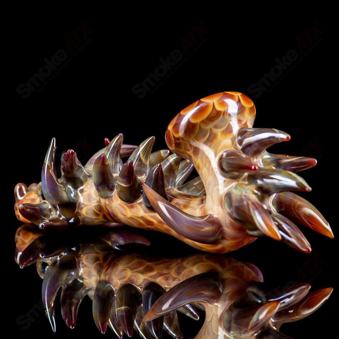 Focused Fire #2 Dragon Sherlock heady glass pipe with intricate dragon design and clear glass construction.