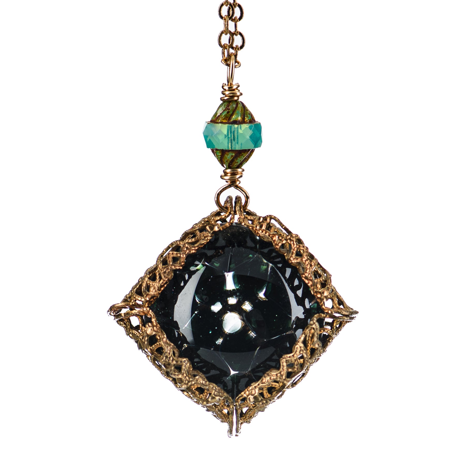Glass UV Dot Stack Brass Pendant Chain by Pake, featuring a modern design with vibrant UV-reactive glass accents.
