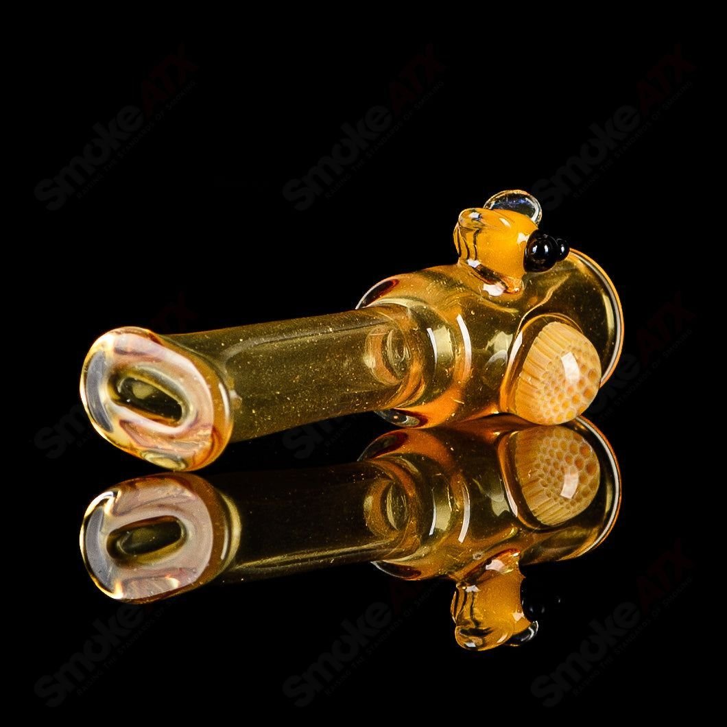 Large honeycomb and bee joint holder by Joe P Glass, colorful heady glass chillum with intricate honeycomb and bee designs.
