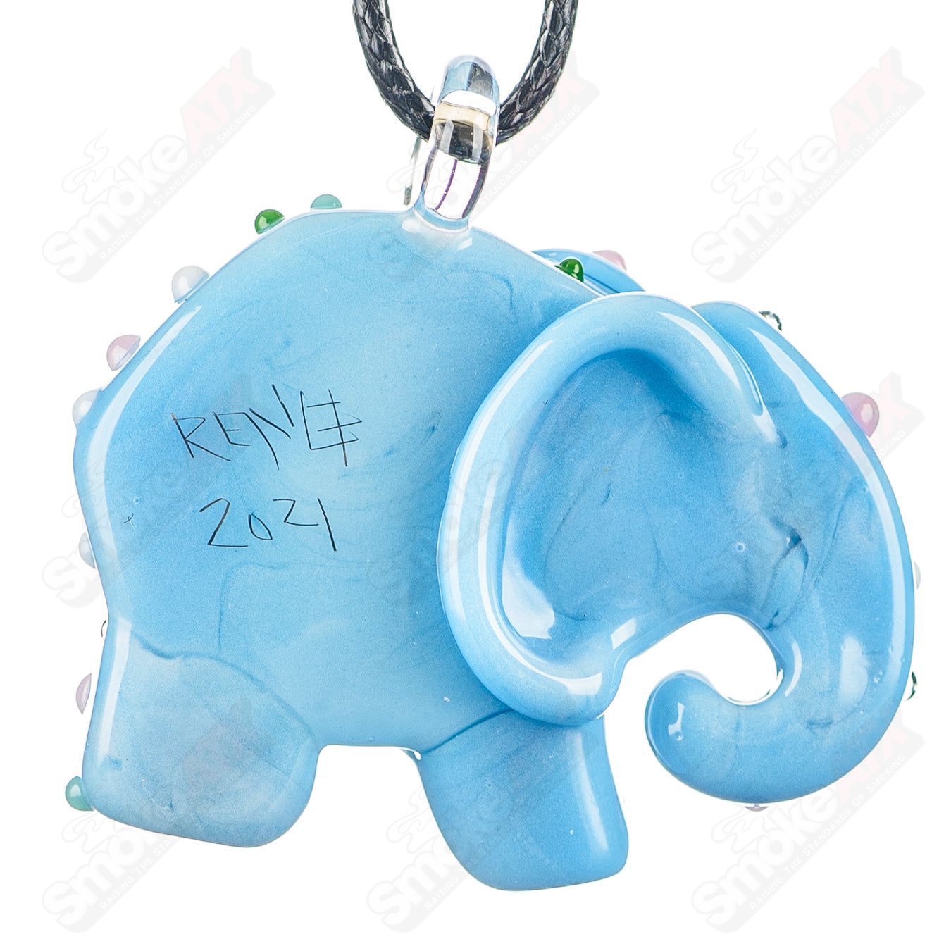 Large Robin Egg Blue Animal Cookie Pendant with UV dots by Renee Patula, showcasing intricate glasswork and vibrant color details.