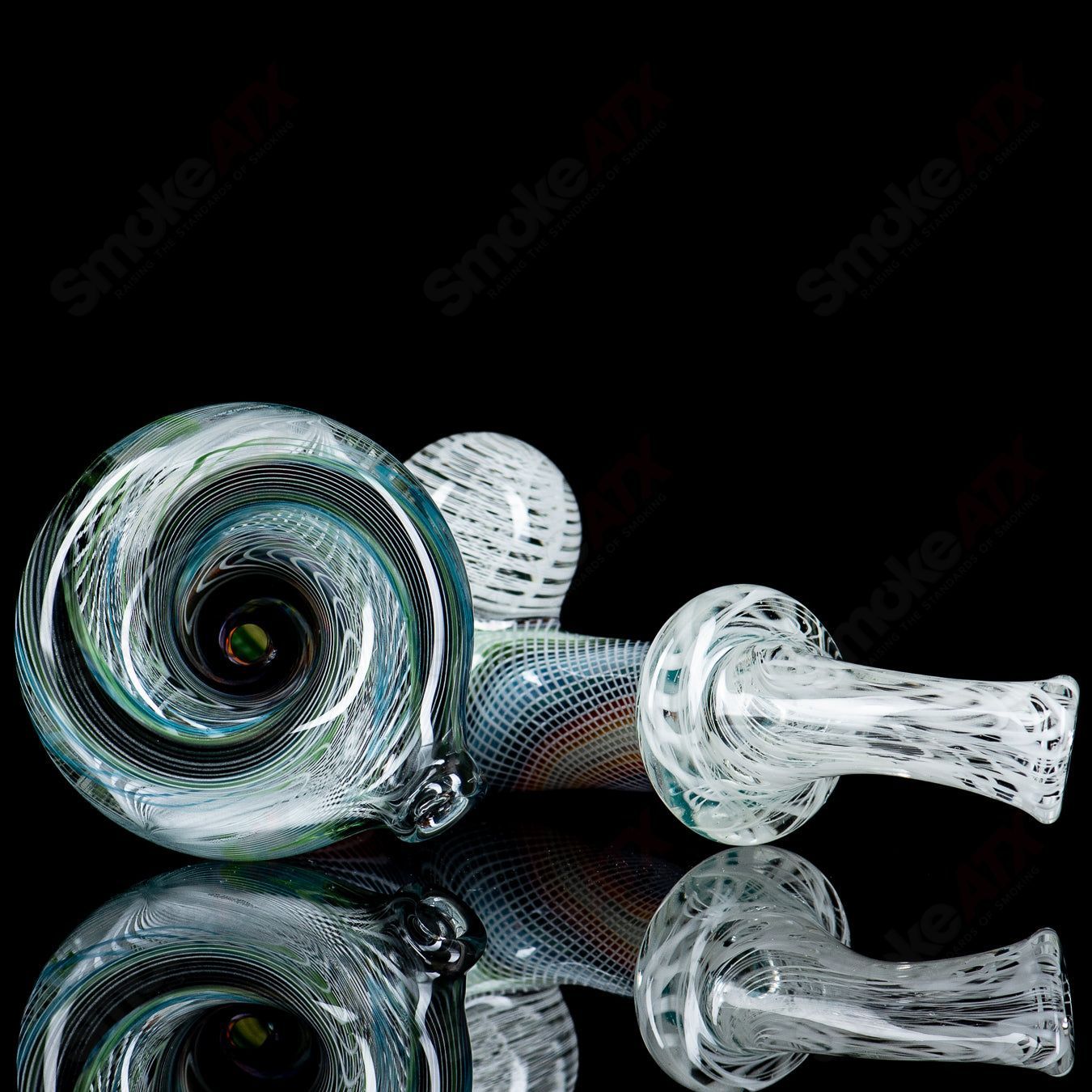Latticino over custom linework Sherlock heady glass pipe by JMass, featuring intricate glass design and detailed craftsmanship.