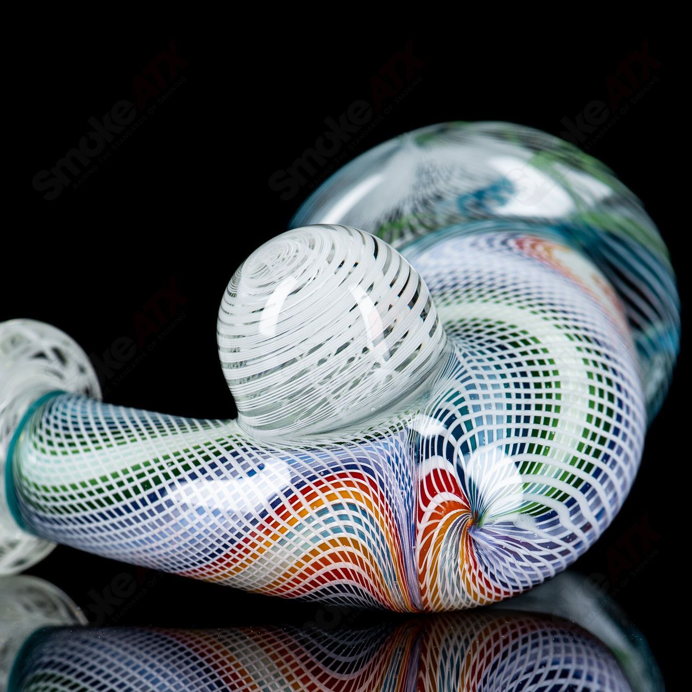 Latticino over custom linework Sherlock heady glass pipe by JMass, featuring intricate glasswork and detailed design.