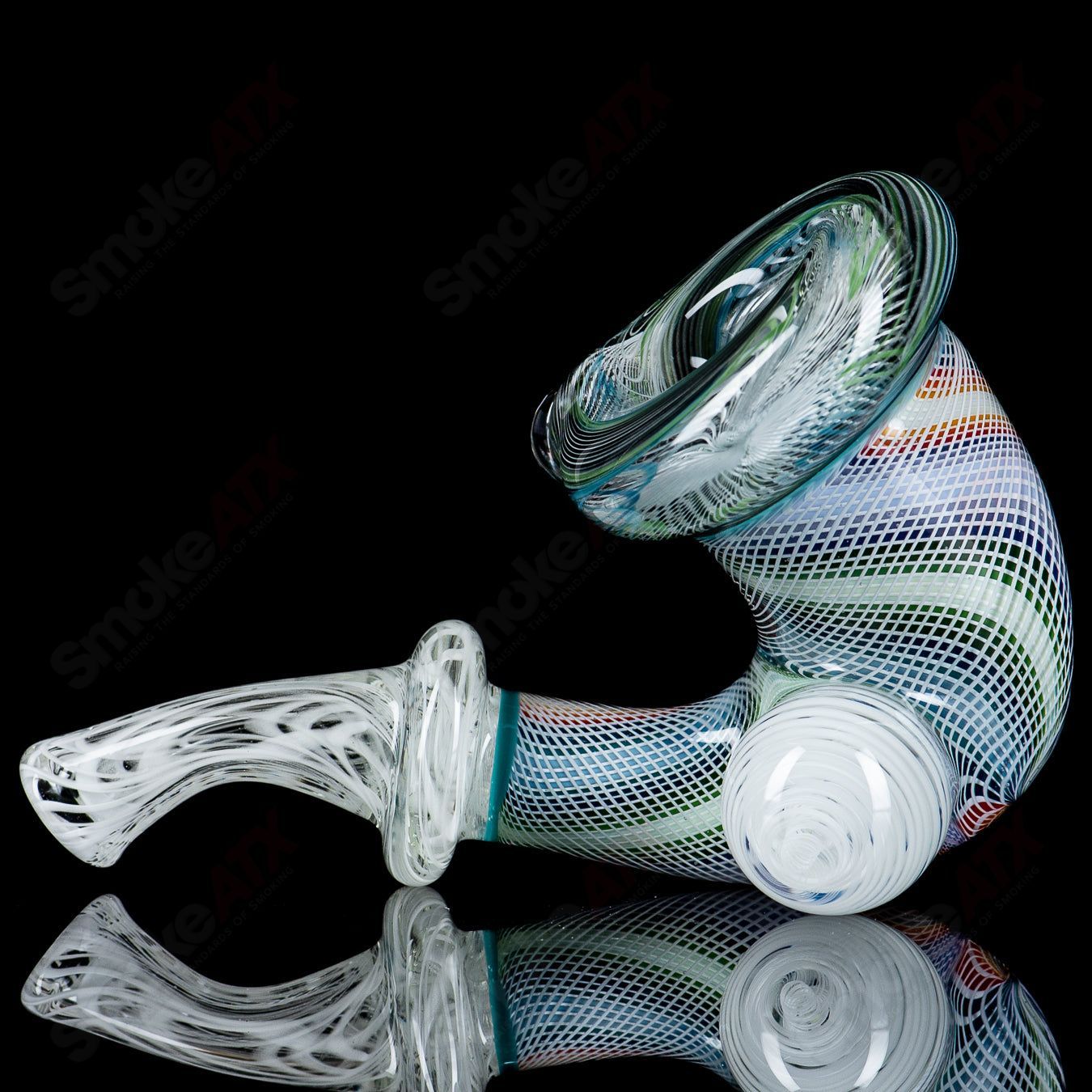 Latticino over Custom Linework Sherlock heady glass pipe by JMass Glass, featuring intricate glasswork and detailed design.