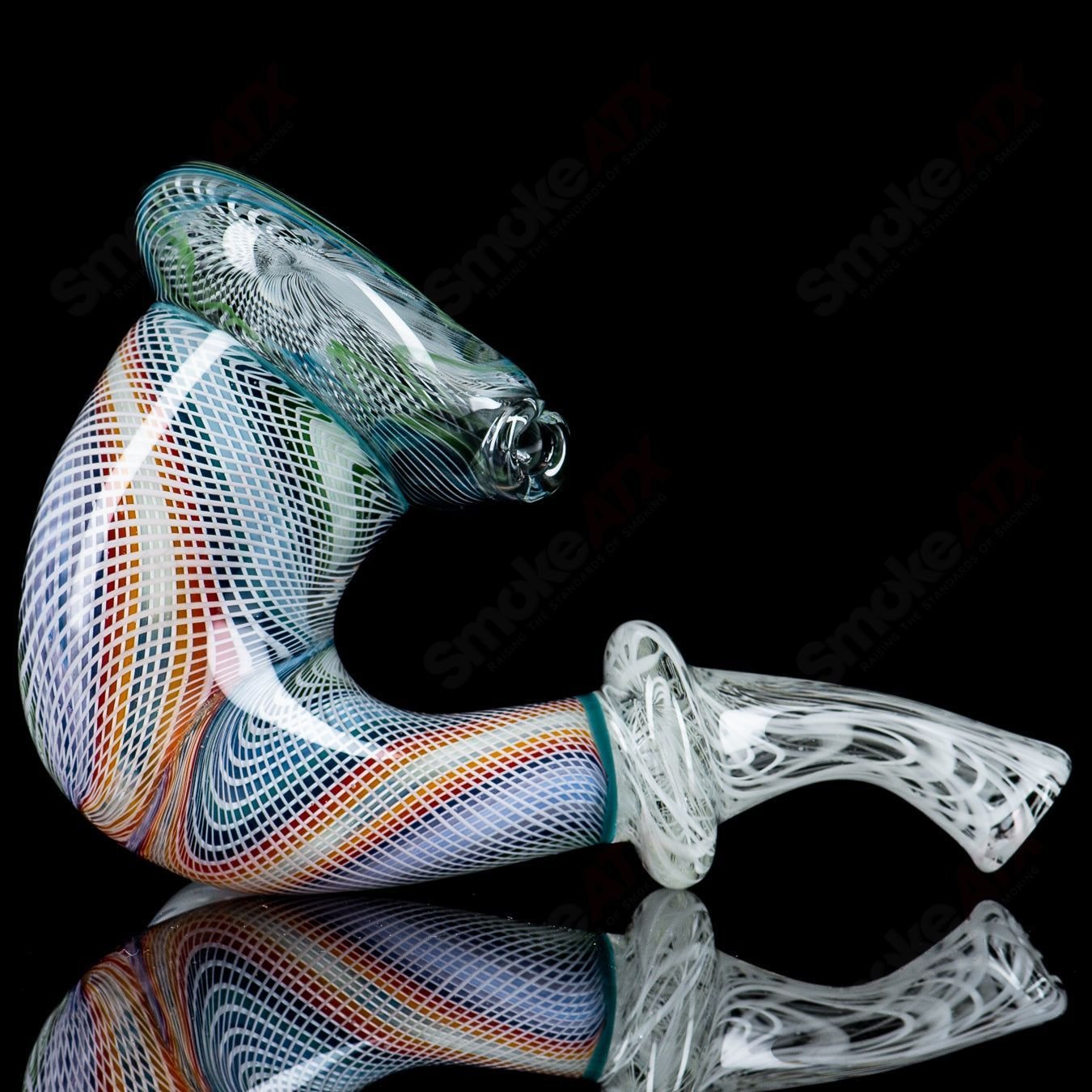 Colorful Latticino and custom linework on a JMass Sherlock heady glass pipe by Future Glass, featuring intricate glass art details.