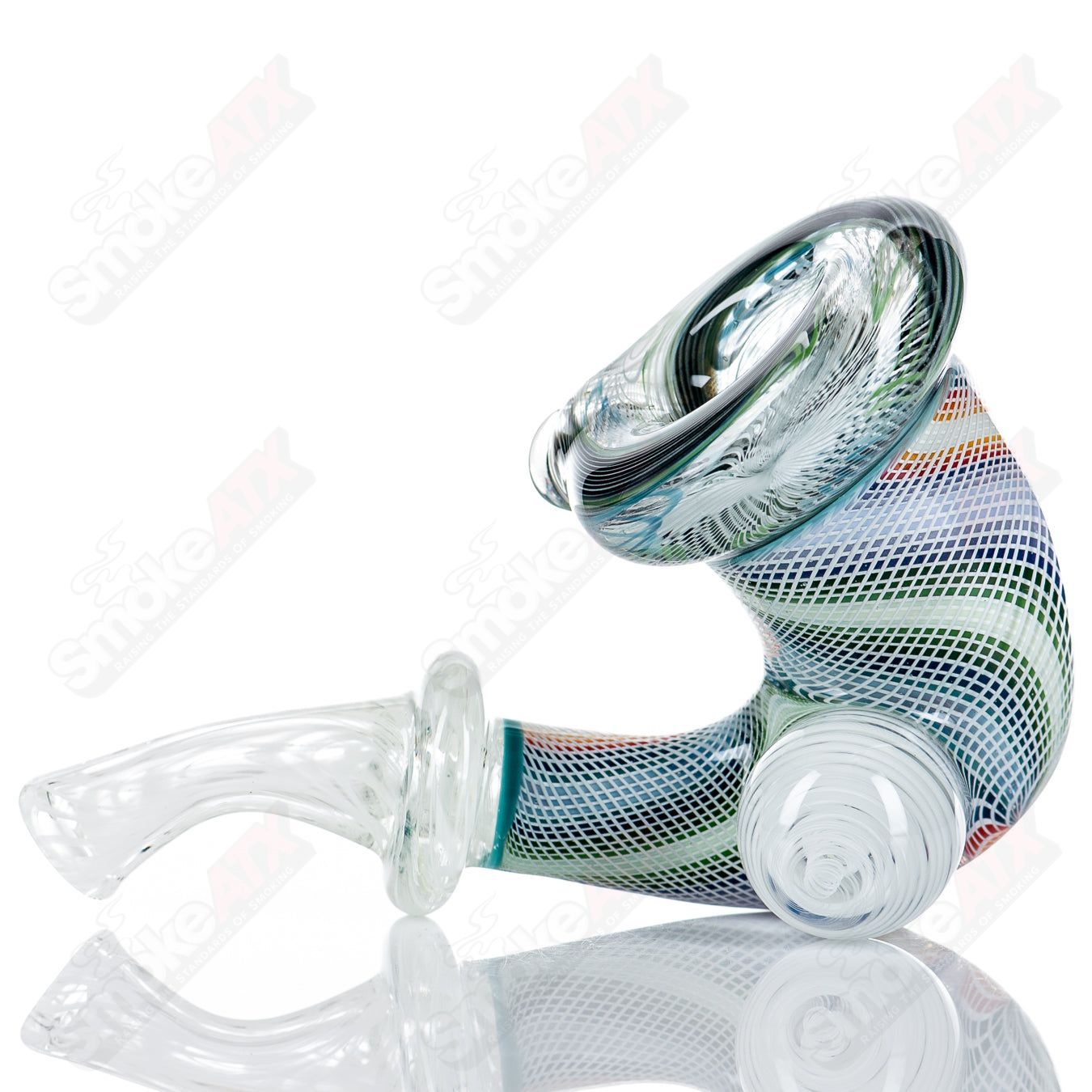 Handcrafted JMass Sherlock heady glass pipe with intricate latticino and custom linework by Future Glass, showcasing detailed glass artistry.