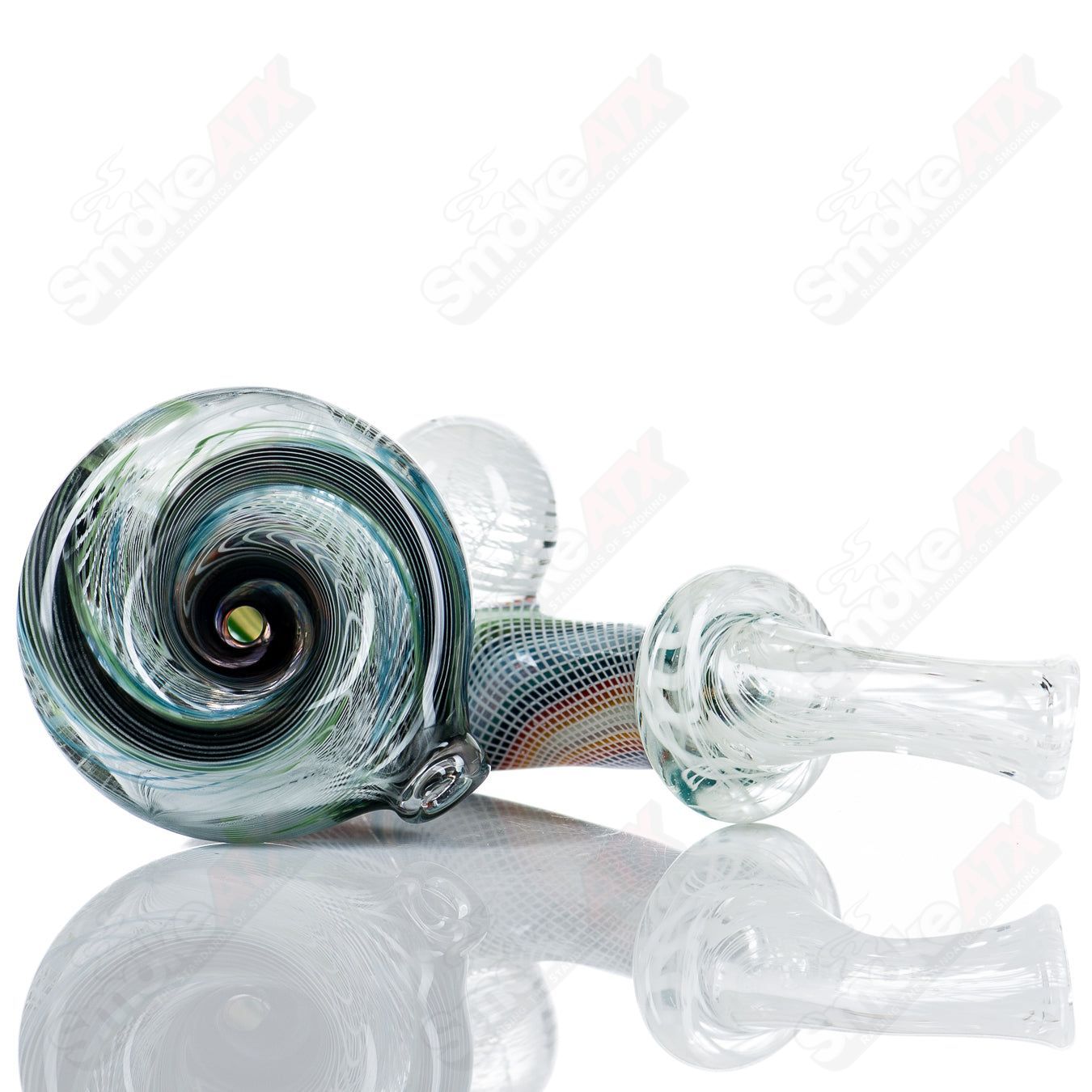 Latticino and custom linework Sherlock-style heady glass pipe by JMass, featuring intricate glass artistry and vibrant patterns.