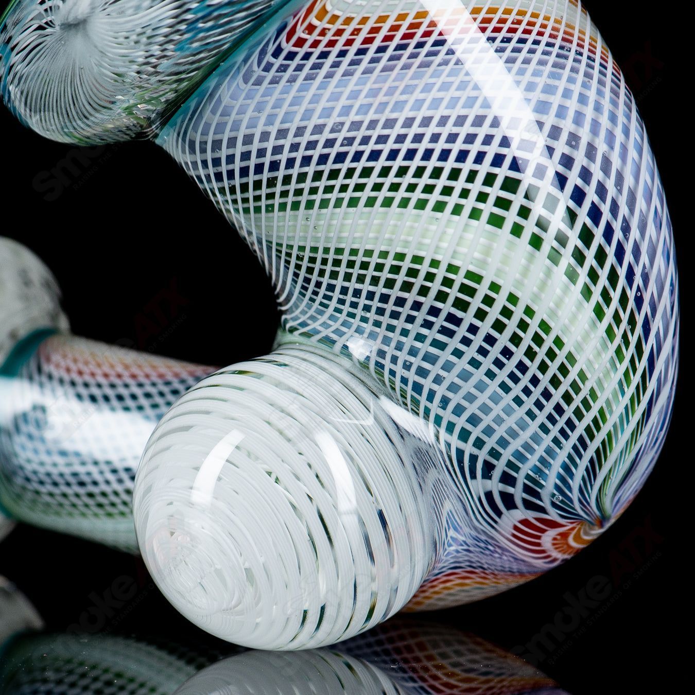 JMass Heady Glass Sherlock pipe with latticino and custom linework design by Future Glass, featuring intricate glass art details.