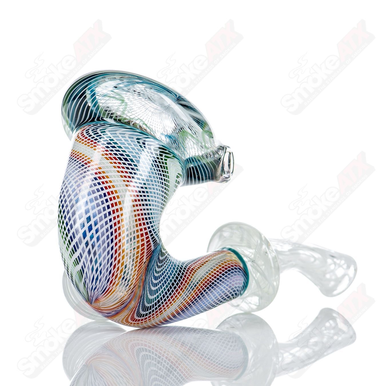 Latticino over Custom Linework Sherlock heady glass pipe by JMass Glass, featuring intricate glasswork and detailed design.