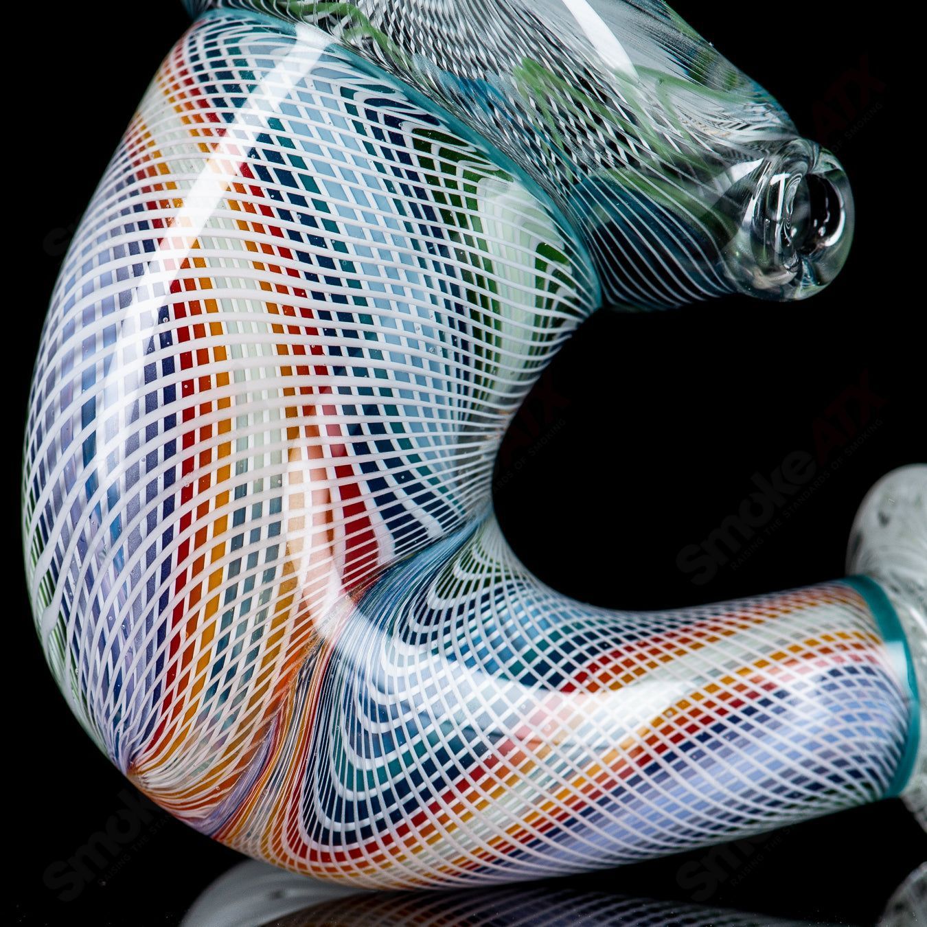 JMass Heady Glass Sherlock pipe with latticino and custom linework by Future Glass, featuring intricate glass art and vibrant details.