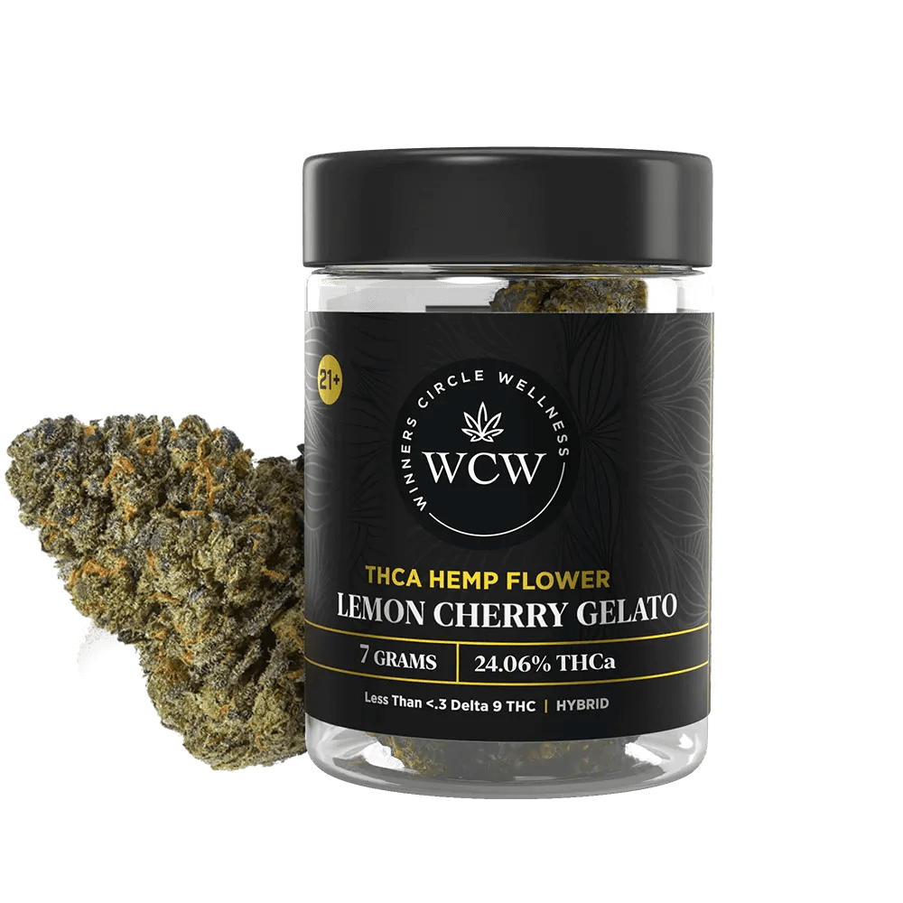 Lemon Cherry Gelato hybrid THC hemp flower from Winners Circle Wellness, 7g loose smoked flower with vibrant lemon and cherry buds.