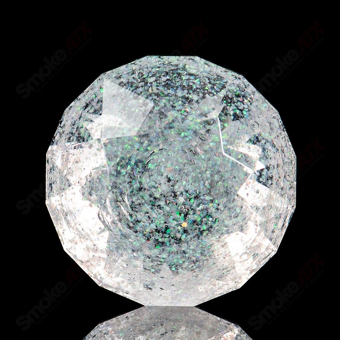 Large crushed opal gem marble by Fatal Facets, featuring vibrant, shimmering facets in a heady glass design.