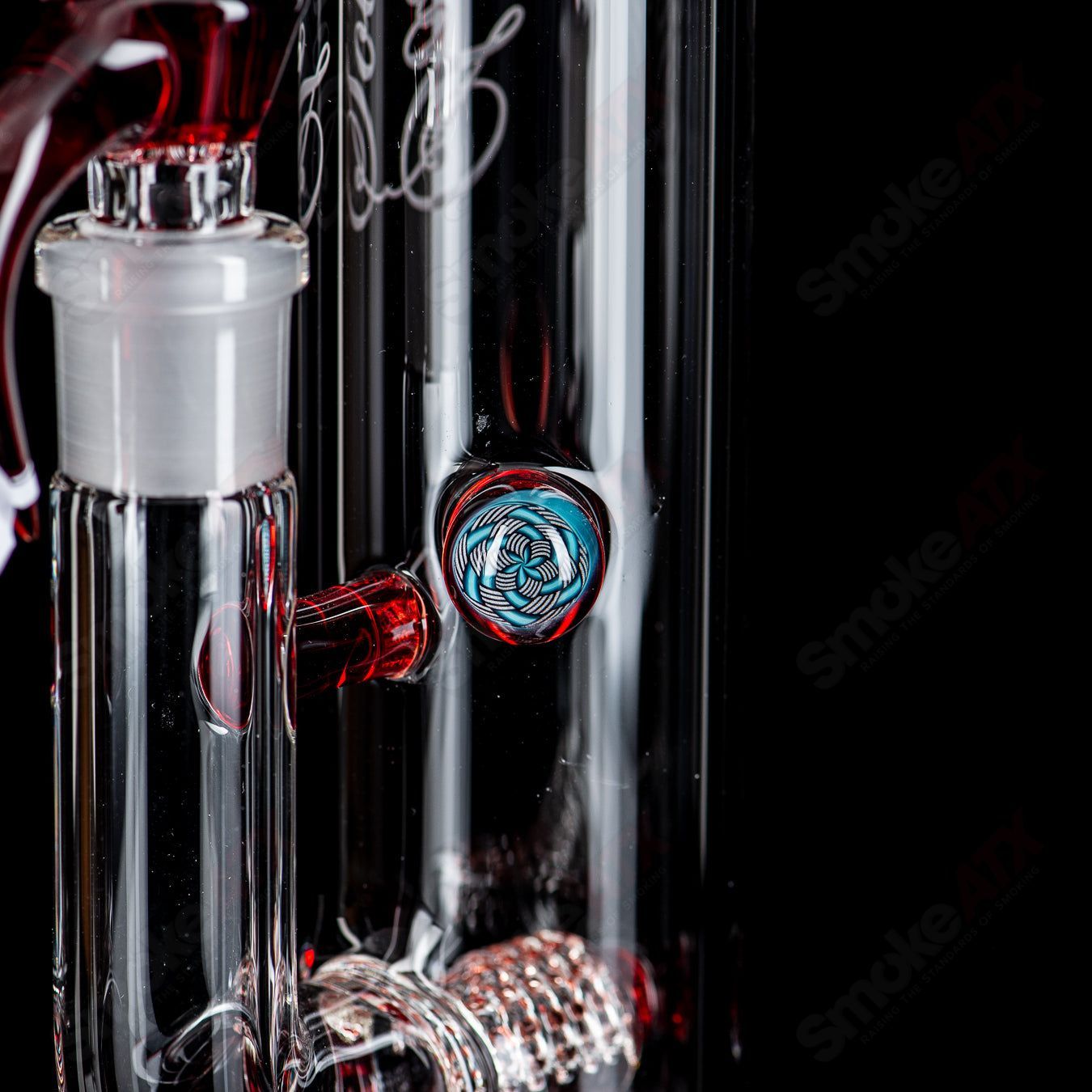 Light red Elvis Full Accent Jumbo Biahop UpGrid stem-line heady glass with patchwork Millie by Sovereignty Glass.