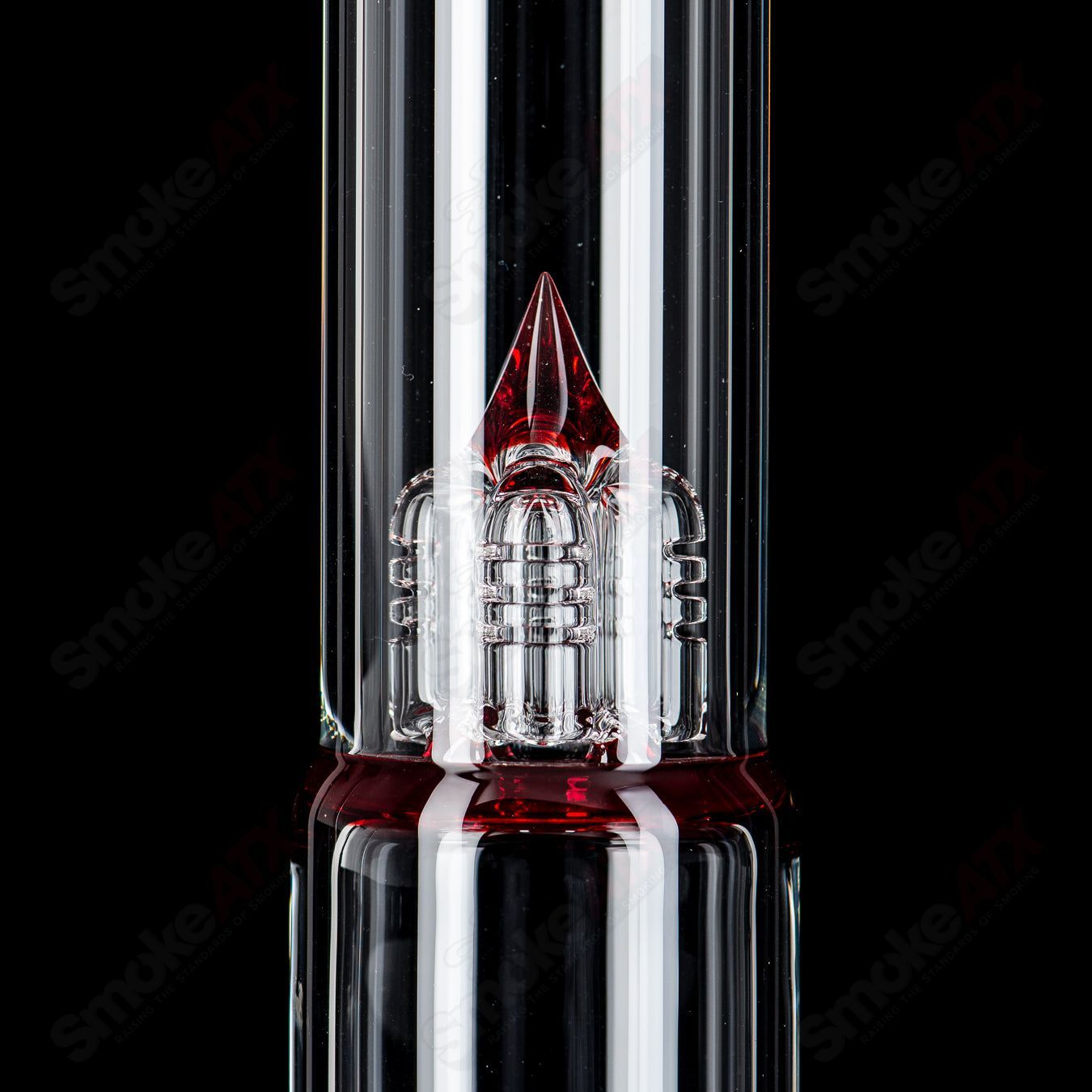 Light red Elvis full accent jumbo Biahop UpGrid stem-line with patchwork Millie by Sovereignty Glass, showcasing intricate heady glass design.
