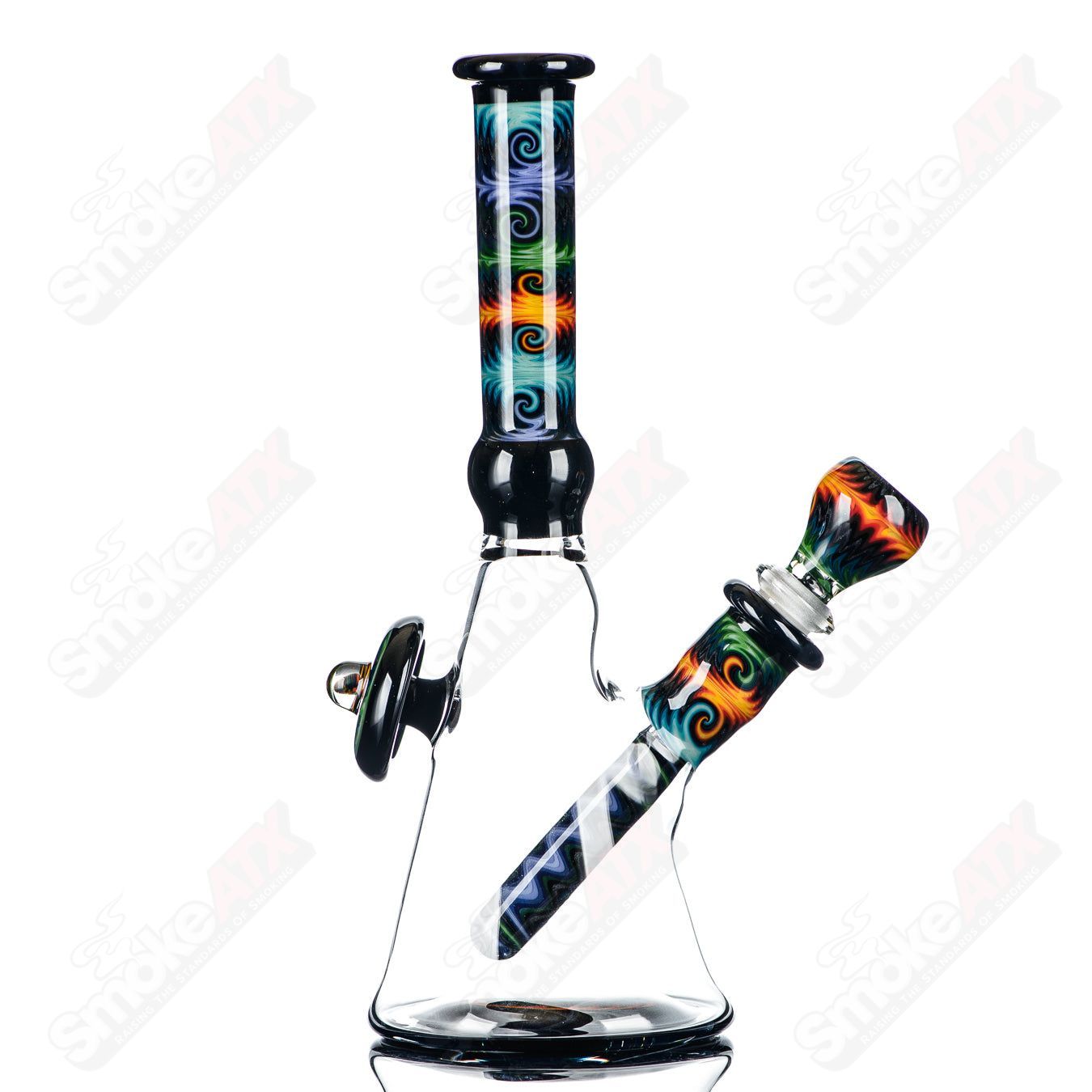 Devo Linework Minitube Heady Glass beaker with intricate linework design, clear glass, and compact shape for smoking enjoyment.