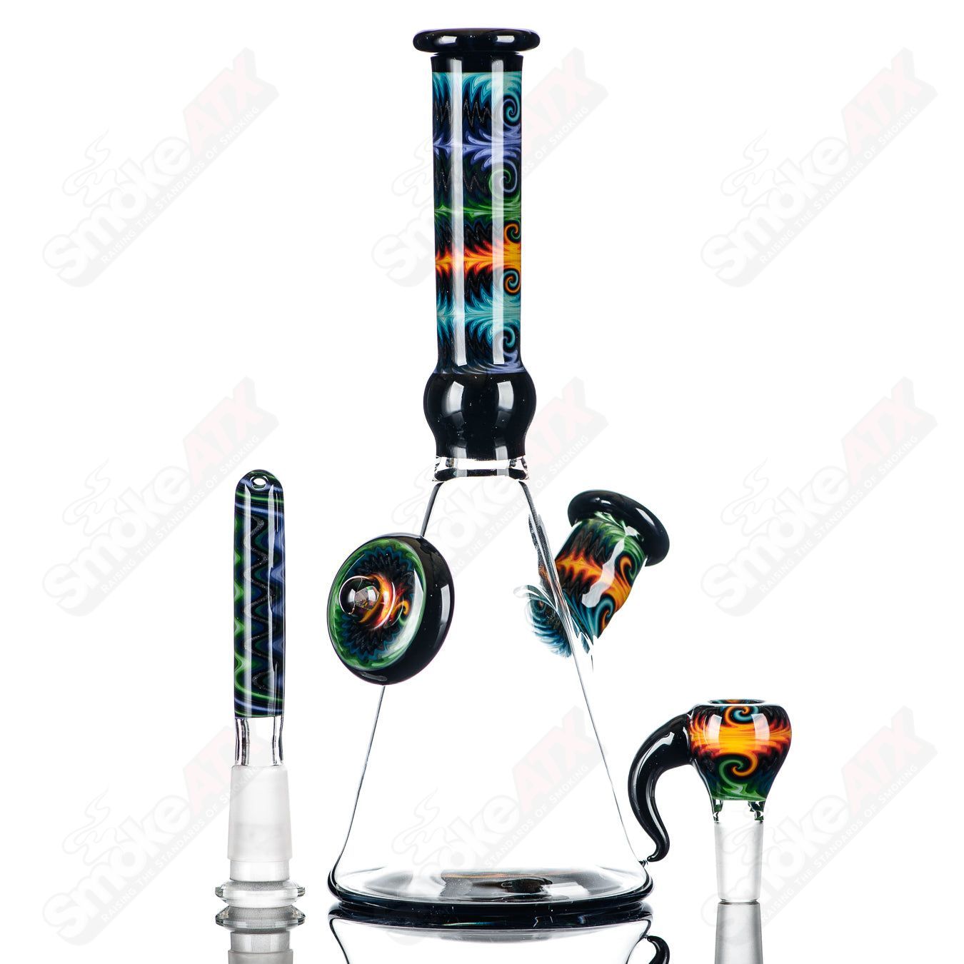 Devo Linework Minitube Heady Glass beaker with detailed linework and colorful accents, showcasing a compact, artistic glass piece.