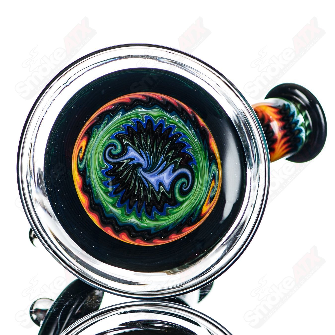 Devo Linework Minitube Heady Glass beaker with intricate linework design, clear glass, and compact shape.